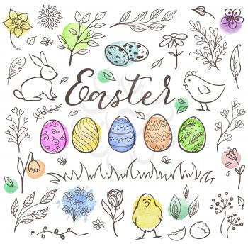 Set of decorative hand drawn Easter doodle elements for design. Vector kit with watercolor texture.