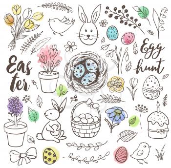 Set of decorative hand drawn Easter doodle elements for design. Vector kit with watercolor texture.