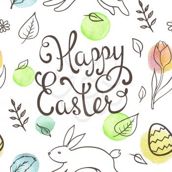 Hand drawn doodle Easter seamless pattern with rabbit and leaves on a white background