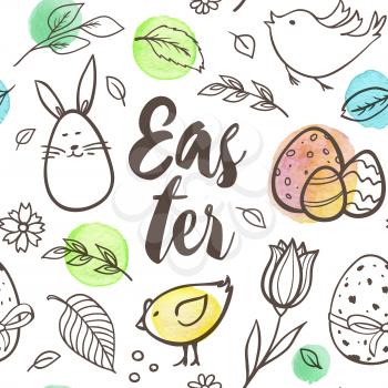 Hand drawn doodle Easter seamless pattern with rabbit and birds on a white background