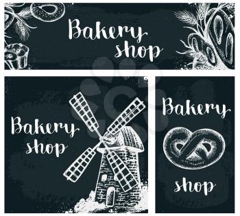 Set of vintage hand drawn vector banners with bakery products on the chalkboard. Vintage backgrounds with food.