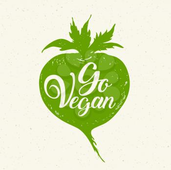 Green root vegetable and lettering Go vegan. Vegetarian lifestyle concept. Hand drawn vector illustration