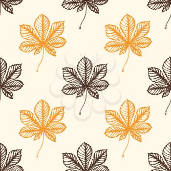 Autumn seamless pattern with chestnut leaves. Hand drawn seasonal vector background in vintage style.