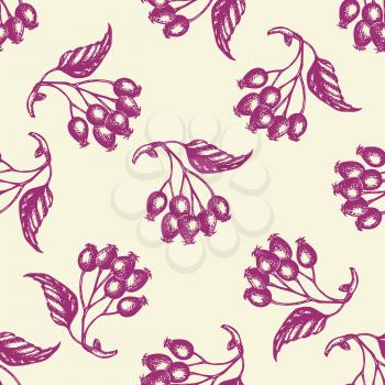 Autumn seamless pattern with berries and leaves. Hand drawn seasonal vector background in vintage style.