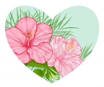 Green vector heart of tropical palm leaves and pink flowers on a white background
