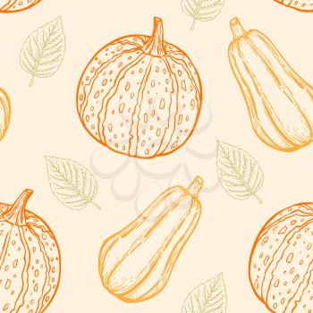 Autumn seamless pattern with pumpkins and green leaves. Hand drawn vector background in vintage style.
