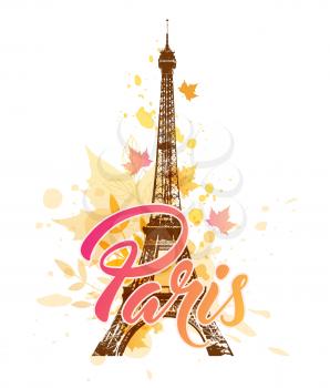 Vector background with Eiffel tower and falling autumn maple leaves