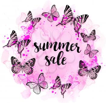 Summer abstract background with butterflies and pink watercolor texture for seasonal sale