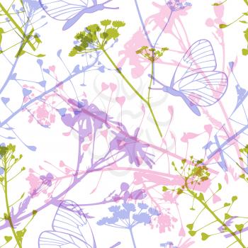 Abstract floral seamless pattern with butterflies, wildflowers and leaves on a white background.