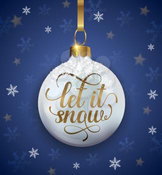 Christmas and new year holiday background with decoration and text. Let it snow lettering. Vector illustration.