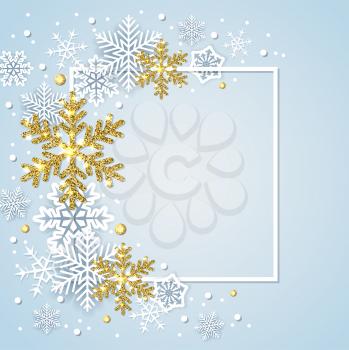 Winter frame with white and golden snowflakes on a blue background. Design for new year and Christmas. Vector illustration.