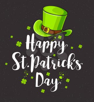 Green hat and lettering on a black background. Greeting card for St. Patrick's day. Vector illustration