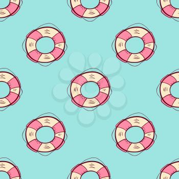 Doodle summer marine seamless pattern with lifebuoy on a green background. Vector illustration.