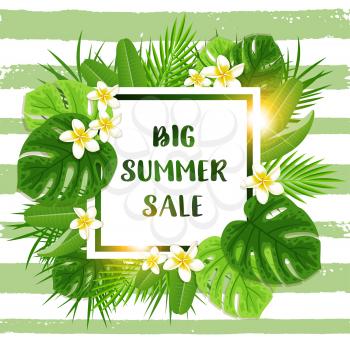 Summer tropical background with green palm leaves, flowers for seasonal sale. Vector illustration.
