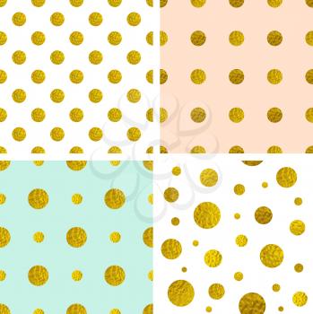 Set of vector polka dot seamless patterns with golden circles. Decorative abstract festive backgrounds.