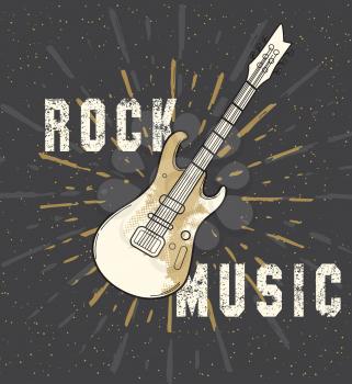 Grunge rock music poster with guitar on a black background. Vector illustration.