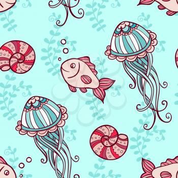 Marine seamless pattern with jellyfish and fish on a green background.  Hand drawn vector illustration.