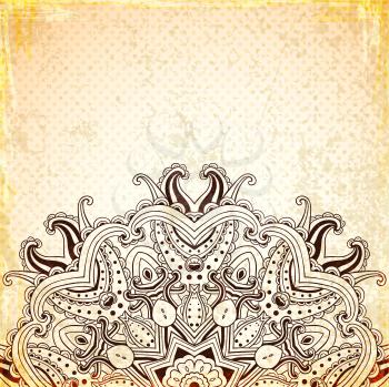 Vintage vector background with round oriental ornament. Hand drawn illustration.