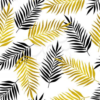 Decorative tropical seamless pattern with black and golden palm leaves on a white background