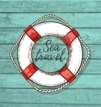 Vintage vector travel background with lifebuoy on a green wooden surface. 