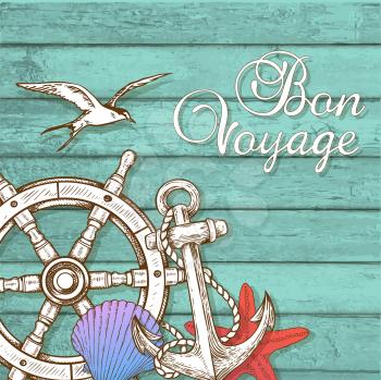 Vintage vector travel background with hand wheel and anchor on a green wooden surface. Bon voyage lettering.