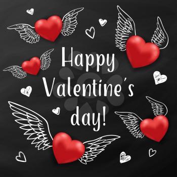 Holiday background with flying red hearts on a black chalkboard. Greeting card for Saint Valentine's day. Vector illustration.