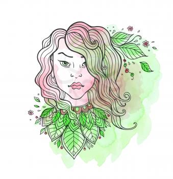 Hand drawn vector girl with long hair and leaves on a green watercolor background.