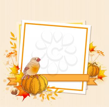 Autumn background with pumpkins, bird and blank sheet of paper