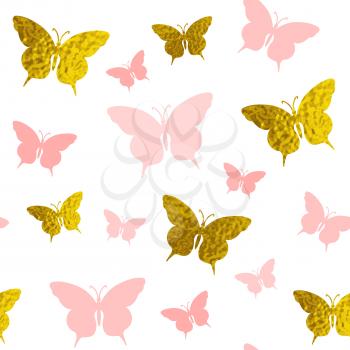 Decorative vector seamless pattern with pink and golden butterflies on a white background