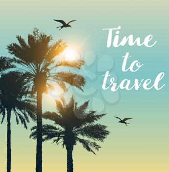 Travel background with silhouettes of palms and sun. 
