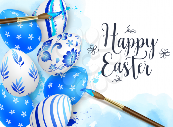 Hand painted blue Easter eggs and paintbrush on watercolor background. Russian folk painting art style Gzhel. Vector illustration. Happy Easter lettering