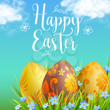 Decorative orange Easter eggs, blue spring flowers and green grass. Festive background. Vector illustration. Happy Easter lettering
