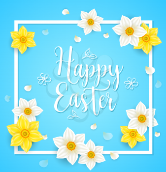 Decorative Easter frame with white and yellow narcissus flowers on a blue background. Vector illustration. Holiday greeting card.