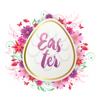Decorative Easter egg with red and pink flowers. Festive floral background. Vector illustration. Holiday greeting card.