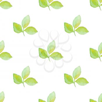Floral watercolor seamless pattern with green falling leaves on a white background