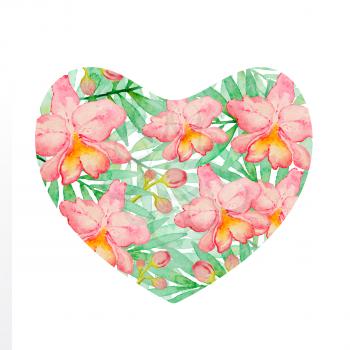 Floral heart of pink watercolor orchids and green palm branch on a white background. Hand drawn tropical background
