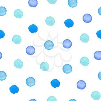Decorative hand drawn watercolor seamless pattern with polka dots. Blue round blots on a white background