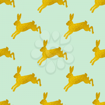 Golden Easter seamless pattern with rabbits on a green background. Vector illustration.