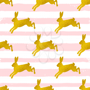 Golden Easter seamless pattern with rabbits on a pink striped background. Vector illustration.