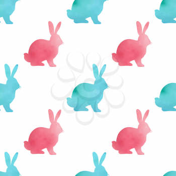 Watercolor Easter seamless pattern with green and pink rabbits on a white background. Vector illustration.
