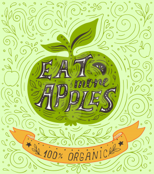 Hand drawn green apple and lettering Eat more apples. Healthy food concept. Vector illustration