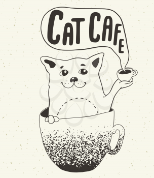 Cat in the coffee cup and lettering. Poster for cat cafe. Hand drawn vector illustration. Coffee house concept.