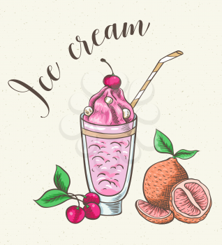 Cocktail with ice cream, cherry and orange. Hand drawn vector illustration.