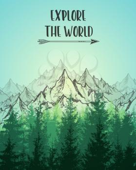 Nature landscape with mountains and green fir tree. Vintage travel background. Vector illustration
