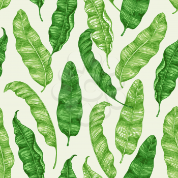 Tropical seamless pattern with green banana leaves. Hand drawn vintage vector background.
