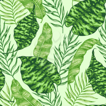 Tropical summer seamless pattern with green palm leaves. Hand drawn vector background