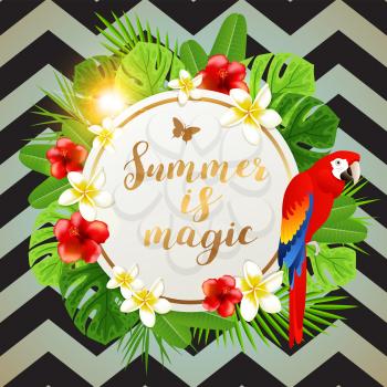 Summer banner with tropical flowers, green palm leaves and red parrot on a black striped background. Vector illustration