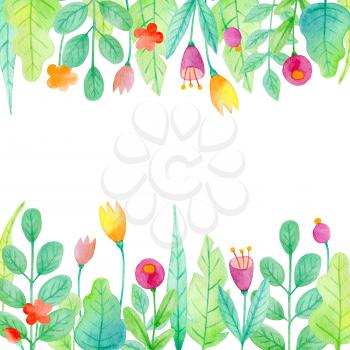 Watercolor floral background with flowers and green leaves. 