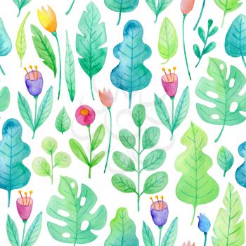 Watercolor floral seamless pattern with flowers and green leaves. Hand drawn nature background
