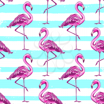 Summer seamless pattern with pink flamingo and blue lines. Hand drawn vector background